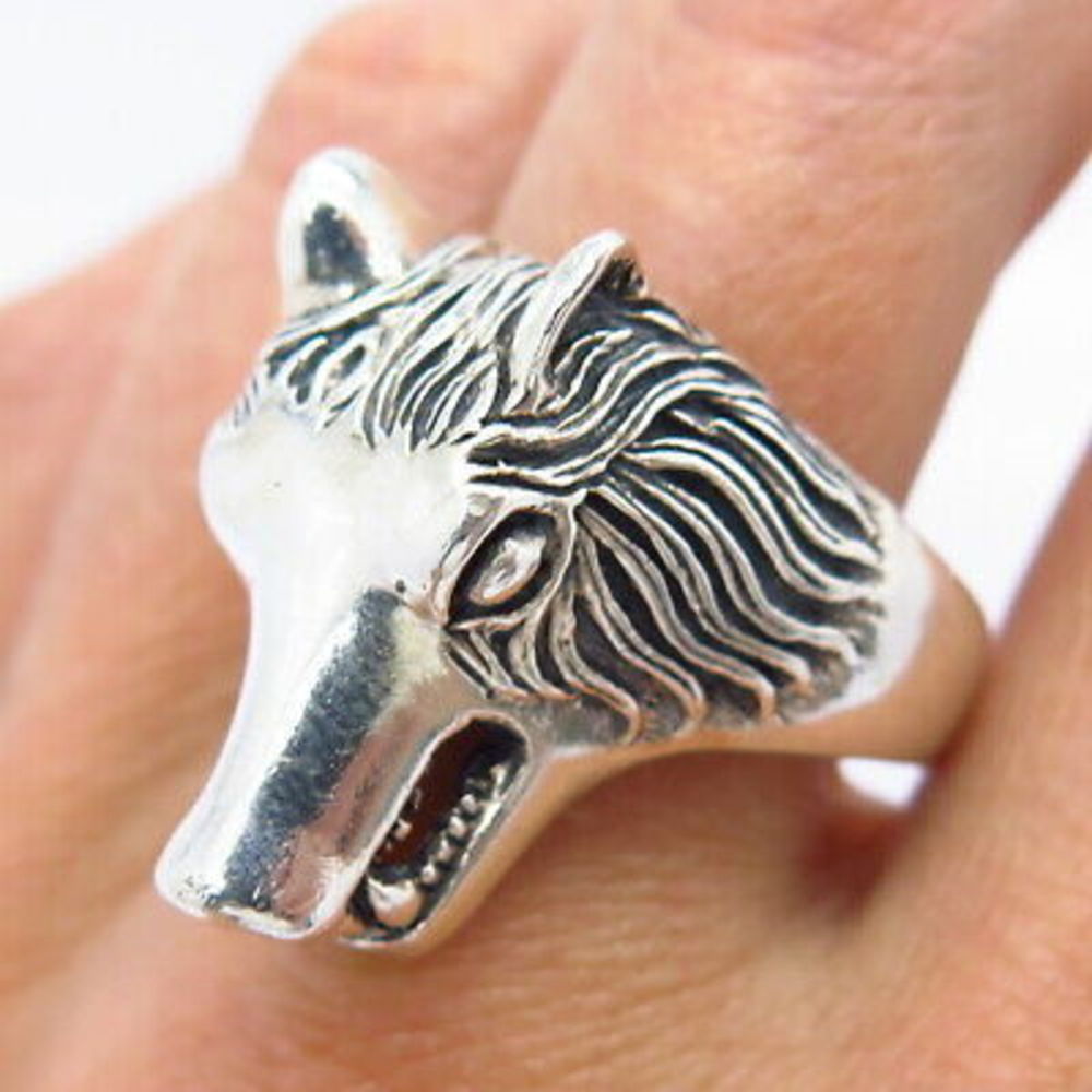 925 Sterling Silver Grinning Wolf Adjustable Men's Ring Size 10.5 - Picture 2 of 7